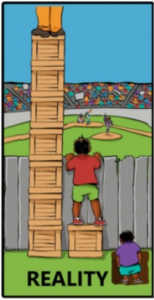 Image titled "Reality" depicting 3 people trying to look over a fence. One person stands on several boxes and is taller than the fence. Next person stands on one box and can just see over the fence. The third figure stands in a whole and cannot see over the fence. 
