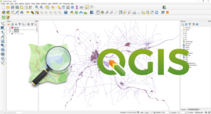 qgis logo over a map