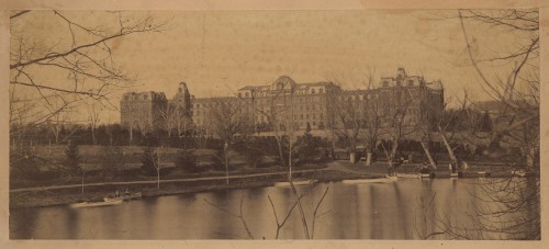 An 1800's print of Vassar Lake with an imposing Main Building in the background
