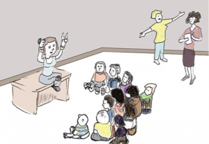 Figure 2. Illustration of teacher dramatically acting out her oral presentation of a story through gesticulation and the visual aid of puppets Source:  Gaab (2012), Language Magazine