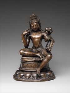 Fig. 7: Avalokiteshvara or Padmapani, Pakistan (Swat Valley) or Kashmir, 7th century; bronze inlaid with silver and copper; H. 83/4 in., W. 5 ¾ in., D. 4 1/8 in.; The Metropolitan Museum of Art, Harris Brisbane Dick and Fletcher Funds, 1974, 1974.273.