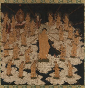 13a. Welcoming Descent of the Buddha of Infinite Light and Twenty-five Bodhisattvas, Japan, Kamakura period, early 14th century; ink, gold, and color on silk; 62 5/16 x 63 11/16 in.; Freer Gallery of Art and Arthur M. Sackler Gallery, Gift of Charles Lang Freer, F1911.475.