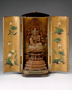23b. Portable Shrine with the Horse-headed Kannon, Japan, Edo period, ca. 1620; fruitwood with cut-out gold, lacquered case with maki-e decoration; shrine: 7 3/4 x 3 1/2 x 3 in., statue: H. 2 5/16; The Metropolitan Museum of Art, Purchase, Friends of Far Eastern Arts Gifts, 1985, photo: www.metmuseum.org.