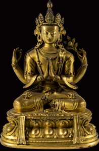 5. Four–Armed Avalokiteshvara, China or Tibet, 18th–19th century; gilded metal with inlays; 10 1/4 x 7 1/4 in.; Jacques Marchais Museum of Tibetan Art, 85.04.0682.