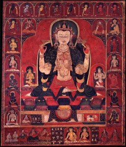 24. The All-seeing Lord with Four Arms, Avalokiteshvara Chaturbhuja, Tibet, 14th–15th century; pigment on cloth; 22 1/4 x 18 1/2 in.; The Rubin Museum of Art, New York, C2002.8.1.