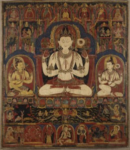 4a. Shadakshari Triad and Other Deities, Tibet, early 12th century; pigment on cotton; 34 x 29 3/8 in.; The Walters Art Museum, Baltimore, Promised gift of John and Berthe Ford, F.120.