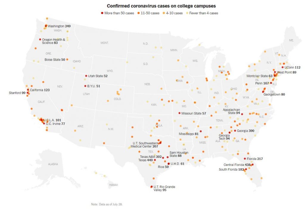 Confirmed coronavirus cases on college campuses, New York Times, July 29, 2020
