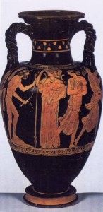 Nausea finds Odysseus. Greek Vase Painting 