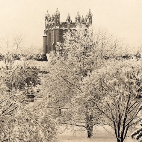 The main library tower overlooking campus after a snowstorm