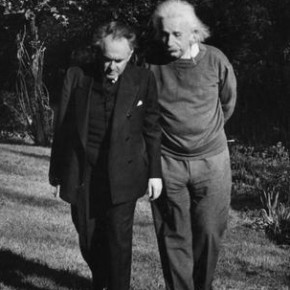 Albert Einstein and Otto Nathan walking in garden (n.d.)