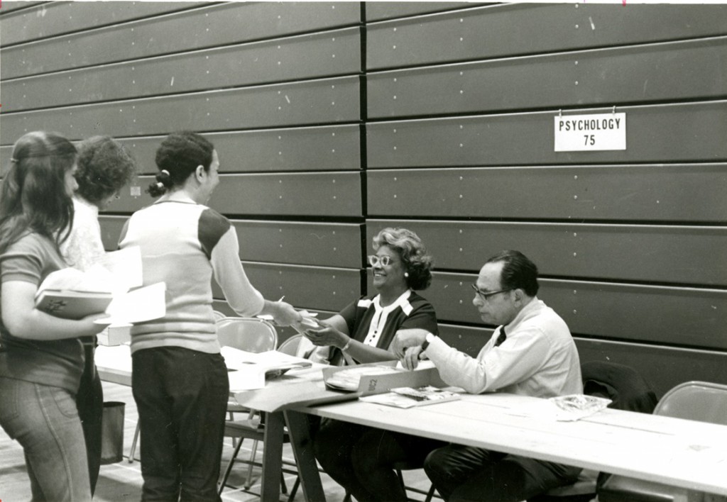 Professor Smith and Professor Joseph Stone at Registration in the late 1970s or early 1980s.