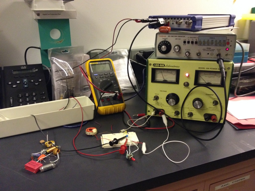 DC power source, signal generator, oscilloscope, circuit (and multimeter)