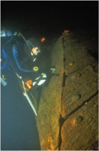 A diver takes a look at the hull of the 1758 Land Tortoise, the oldest known warship of its kind. During this project, the underwater archaeologists had around 16 minutes for each dive so planning was essential.