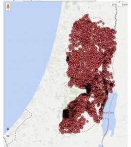Figure 2: A map of where in the West Bank is being excavated and each red dot is an excavation site in the West Bank whose artifacts haven't been published