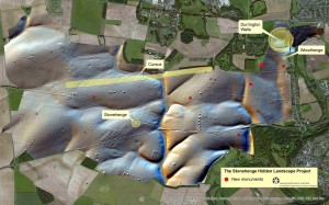 Preliminary map with data from project. Durrington Wall marked at top left in yellow, stones marked there in red.