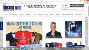The homepage of the Official "Doctor Who" Shop, where fans can buy a whole different assortment of souvenirs and memorabilia. This is only one of the many different online shops where fans can purchases show-related objects.