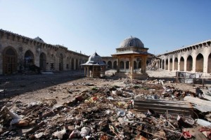 The Umayyad Mosque in the old town of Aleppo, which has been severely damaged during the fighting. The minaret is said to have been destroyed by Assad's forces.