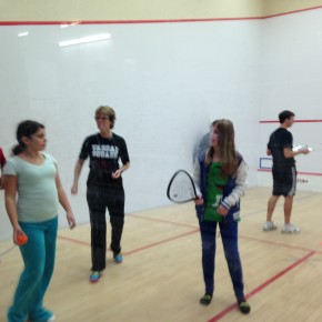 Vassar squash coach Jane Parker works with the 6th graders