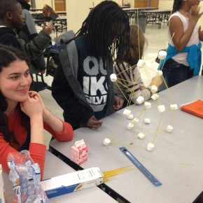Each classroom had 10 minutes to build the tallest tower out of spaghetti and marshmallows. 