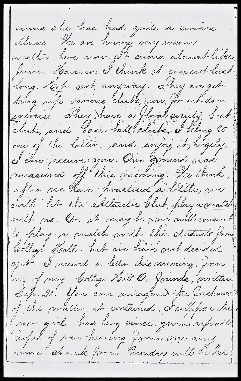 Page 2 of Annie Glidden\'s letter to her brother discussing baseball, April 1866