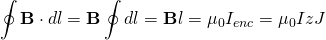 \[ \oint \mathbf{B}\cdot dl=\mathbf{B}\oint dl=\mathbf{B}l=\mu_{0}I_{enc}=\mu_{0}IzJ \]